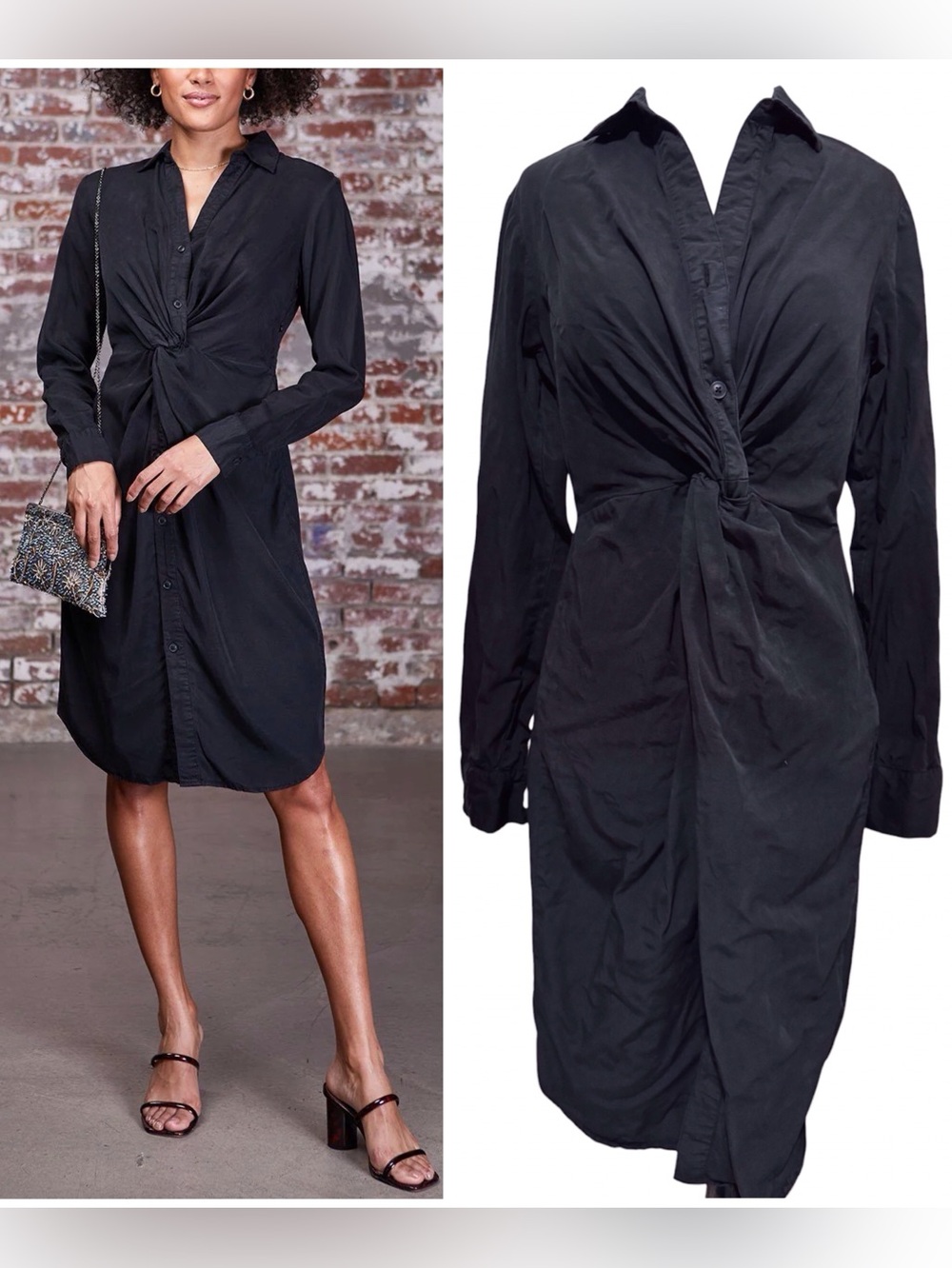 Lovestitch Twist Knot-Front Shirt Dress Long Sleeve Black Size Small